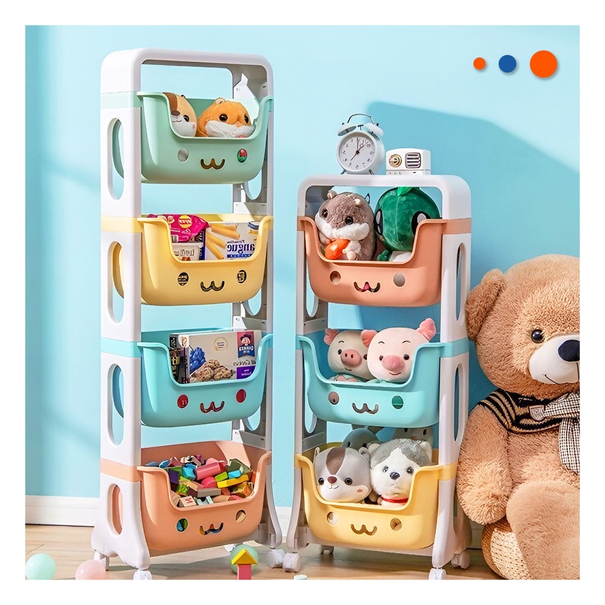 JUGUETERO INFANTIL CON CARITAS 4 NIVELES COMODO VERDE CELESTE AMARILLO Y NARANJA Y+POST IT - 3