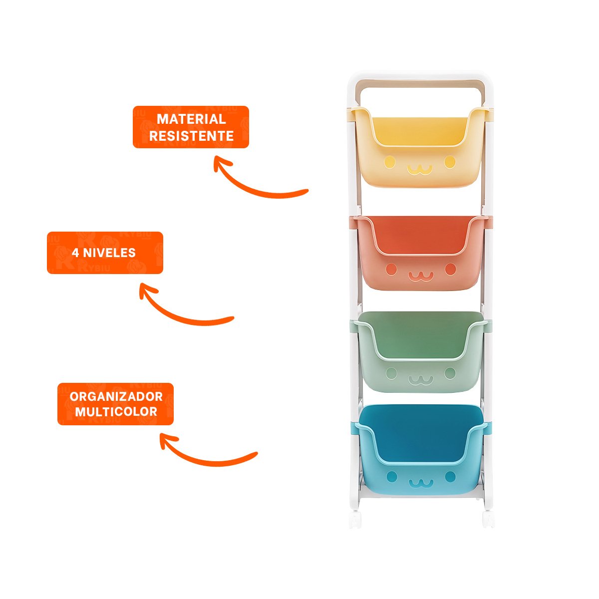 JUGUETERO INFANTIL CON CARITAS 4 NIVELES COMODO VERDE CELESTE AMARILLO Y NARANJA Y+POST IT - 5