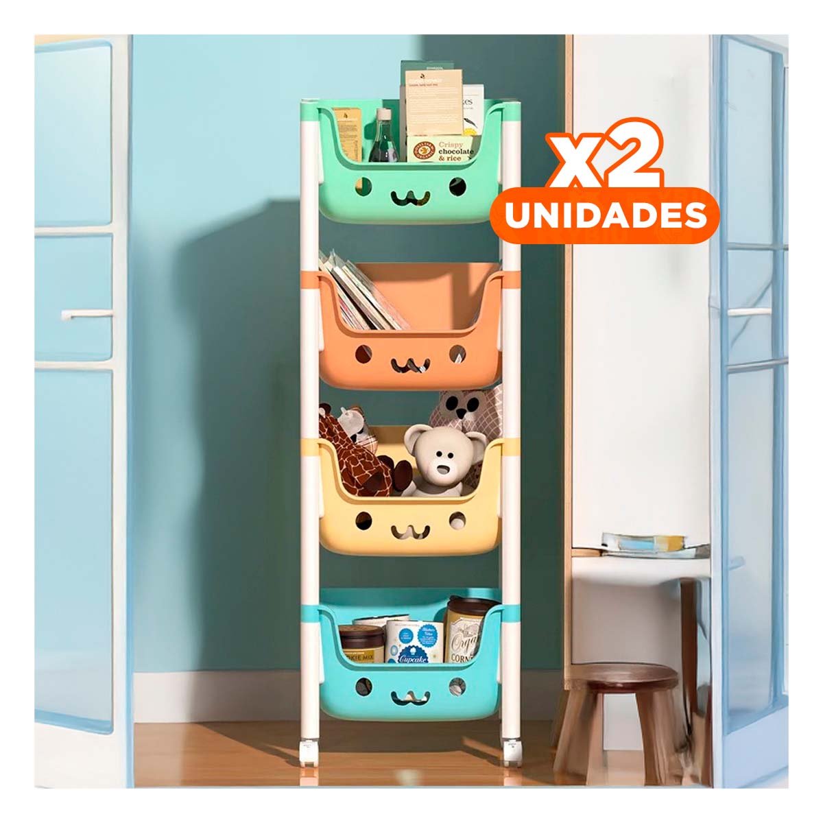 PACK2 ESTANTERO INFANTIL CON CARITAS 4 NIVELES ORGANIZADOR PRACTICO MULTICOLOR Y+PAPEL REGALO - 1