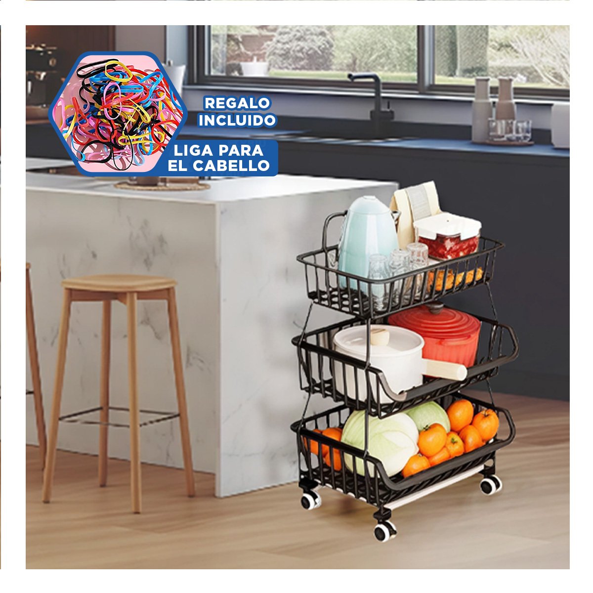 CESTA DE 3 NIVELES PARA COCINA EN ACERO ESTRUCTURA RESISTENTE Y+LIGAS REGALO - 2