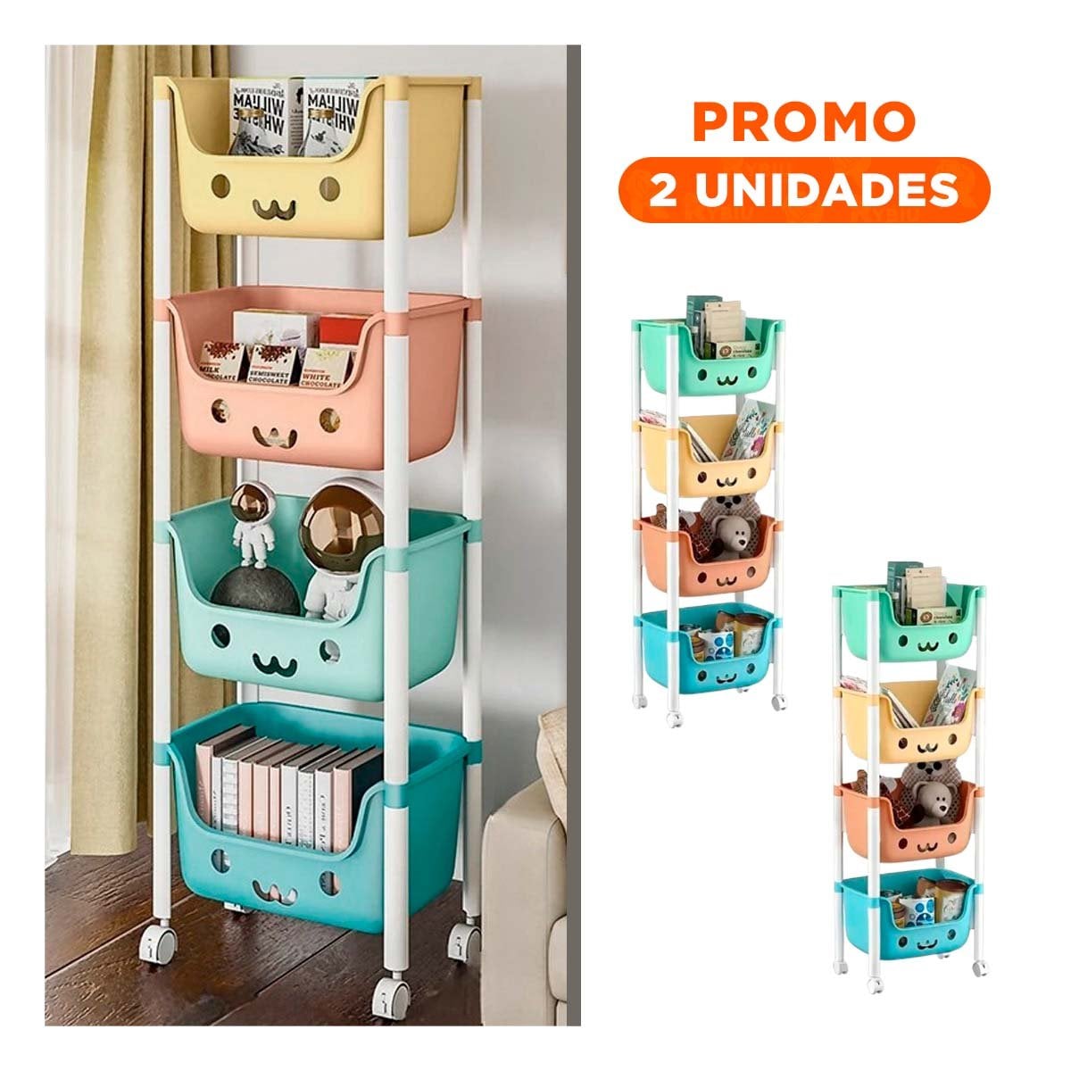 PACK2 ESTANTERO INFANTIL CON CARITAS 4 NIVELES ESTRUCTURA ESTABLE MULTICOLOR Y+REGALO STICKER - 1