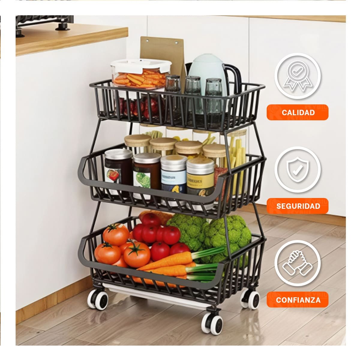 CESTA DE 3 NIVELES PARA COCINA EN ACERO COLOR NEGRO MULTIUSO PARA CASA - 1