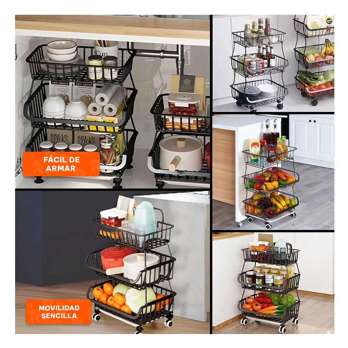 CESTA DE 3 NIVELES PARA COCINA EN ACERO COLOR NEGRO MULTIUSO PARA CASA - 2