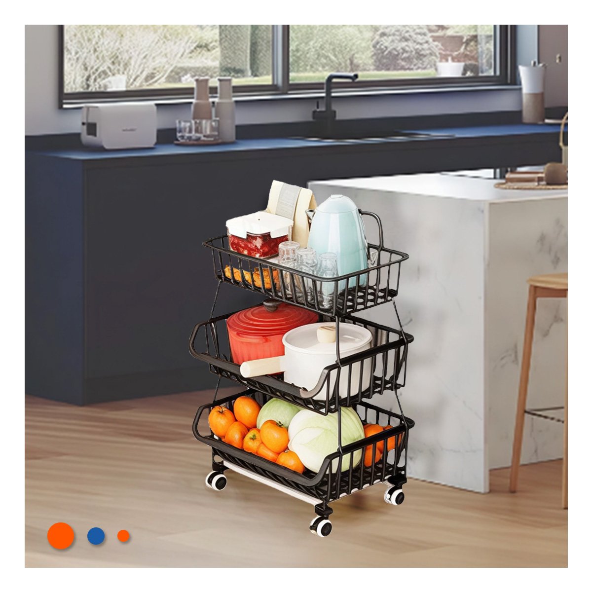 CESTA DE 3 NIVELES PARA COCINA EN ACERO COLOR NEGRO MULTIUSO PARA CASA - 5
