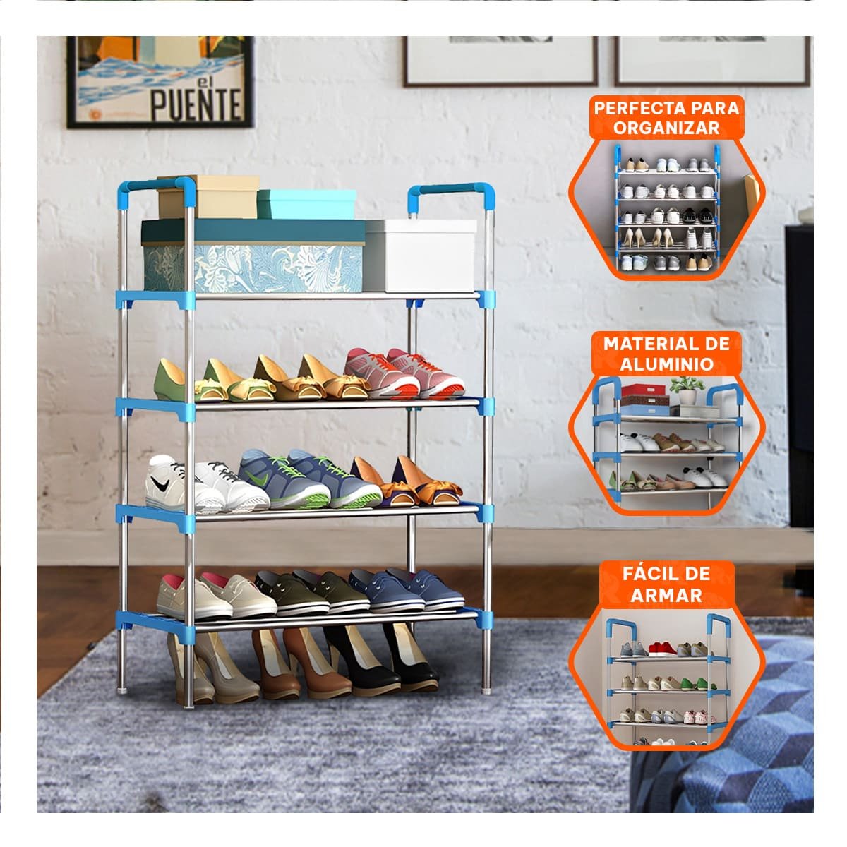PACK2 SOPORTE VERTICAL 4 NIVELES PARA ZAPATOS LIGERO Y PRACTICO CELESTE - 5