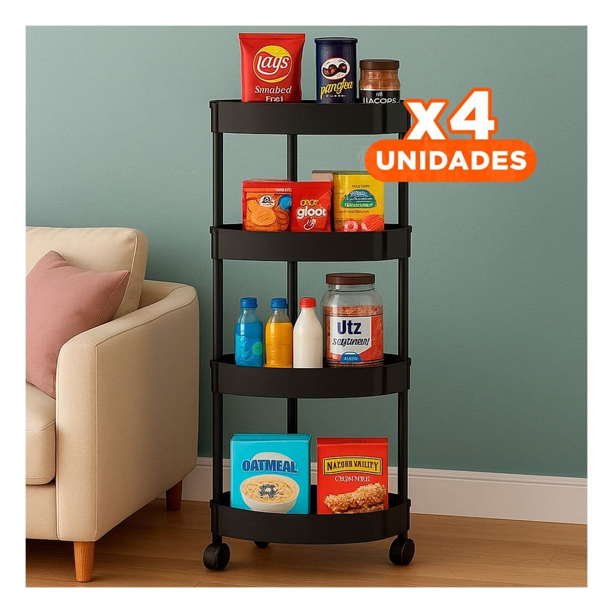 PACK4 ANAQUEL ESQUINERO DE 4 NIVELES CON RUEDAS NEGRO USO VERSATIL Y+PAPEL REGALO - 1