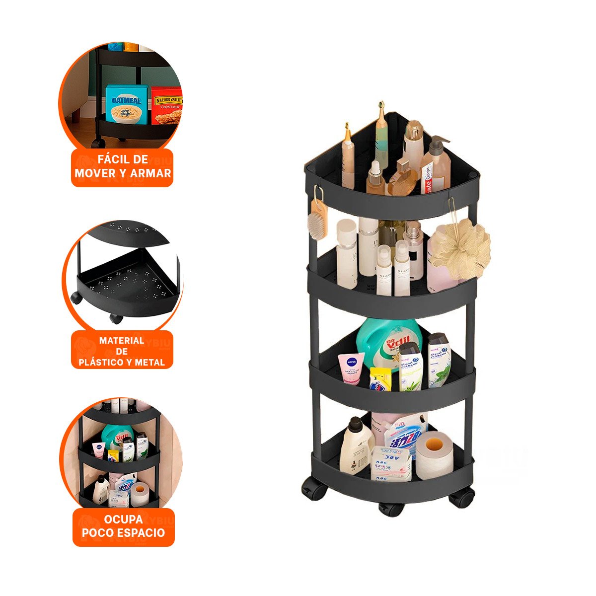 ESTANTE ESQUINERO DE 4 NIVELES CON RUEDAS NEGRO USO VERSATIL PARA CASA Y+POST IT - 5