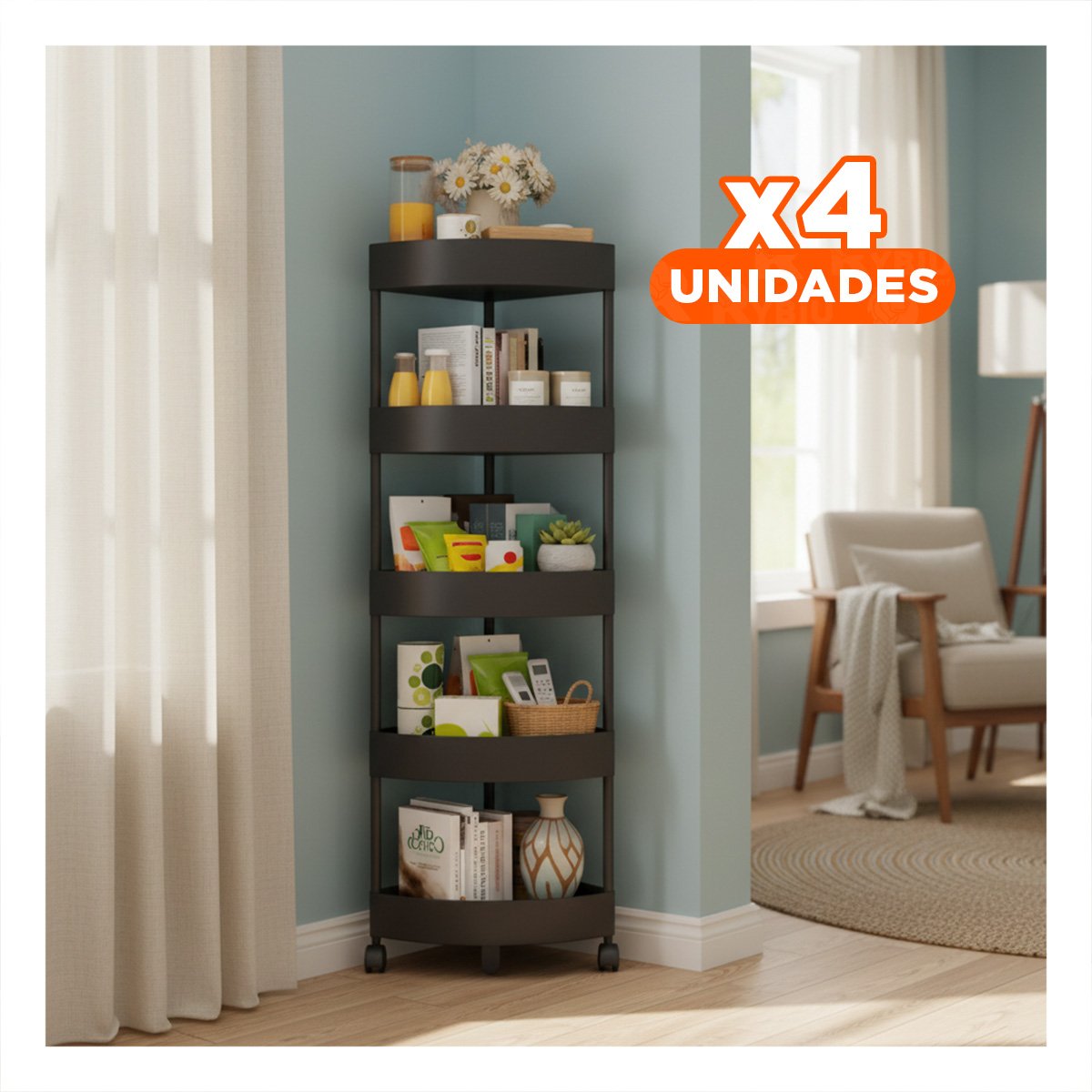 PACK4 ESTANTE MULTIUSO NEGRO 5 NIVELES CON RUEDAS PARA CASA USO DIARIO Y+REGALO STICKER - 1