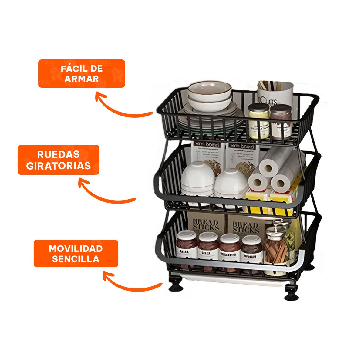 CESTA DE 3 NIVELES PARA COCINA EN ACERO USO DIARIO ORGANIZADO Y+REGALO STICKER - 1