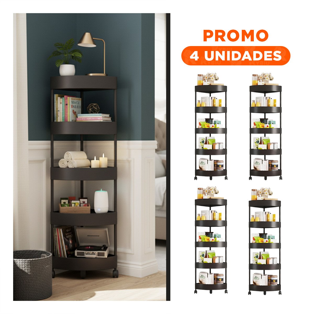 PACK4 ORGANIZADOR ESQUINERO NEGRO 5 NIVELES CON RUEDAS FORMATO COMPACTO FACIL DE UBICAR - 1