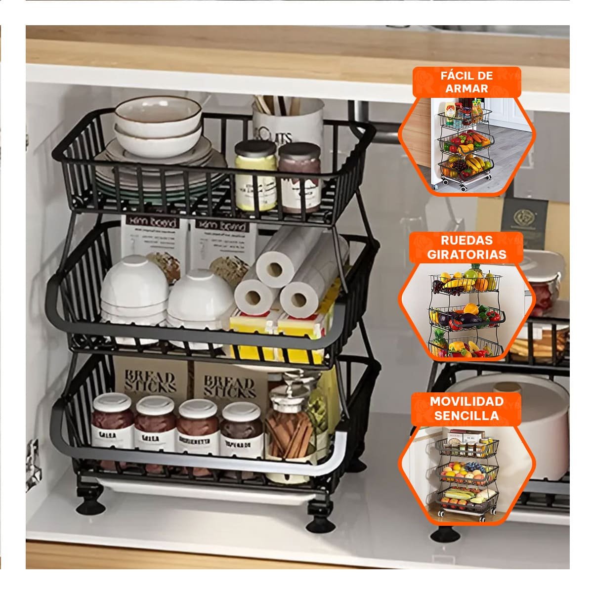 PACK2 MUEBLE DE 3 NIVELES PARA COCINA EN ACERO COLOR NEGRO SEGURO PARA HOGAR - 5