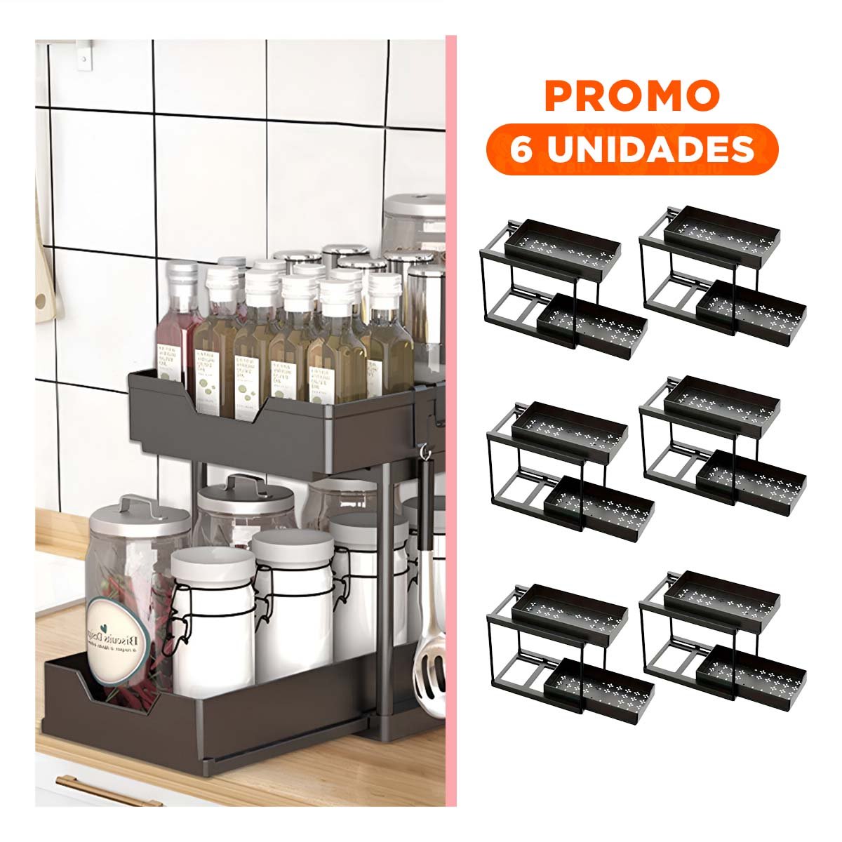 PACK6 CAJONERA 2 NIVELES CON 2 CAJONES DESLIZABLES DISENO SIMPLE NEGRO Y+REGALO STICKER - 1