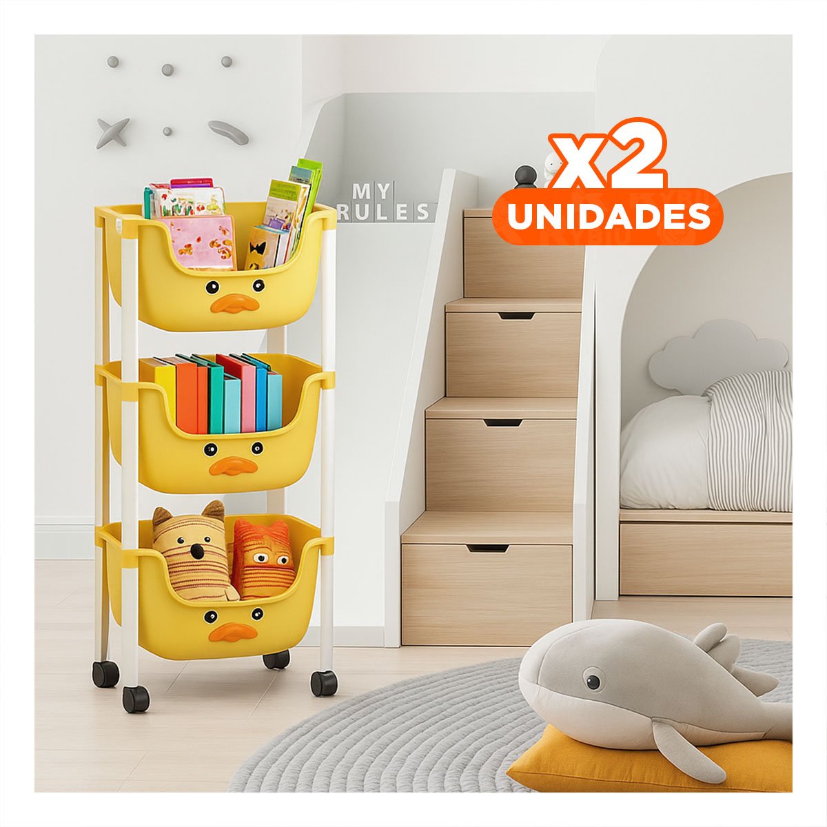 PACK2 ESTANTERO KAWAII 3 NIVELES DISENO PATO PRACTICO PARA ESPACIOS AMARILLO - 1