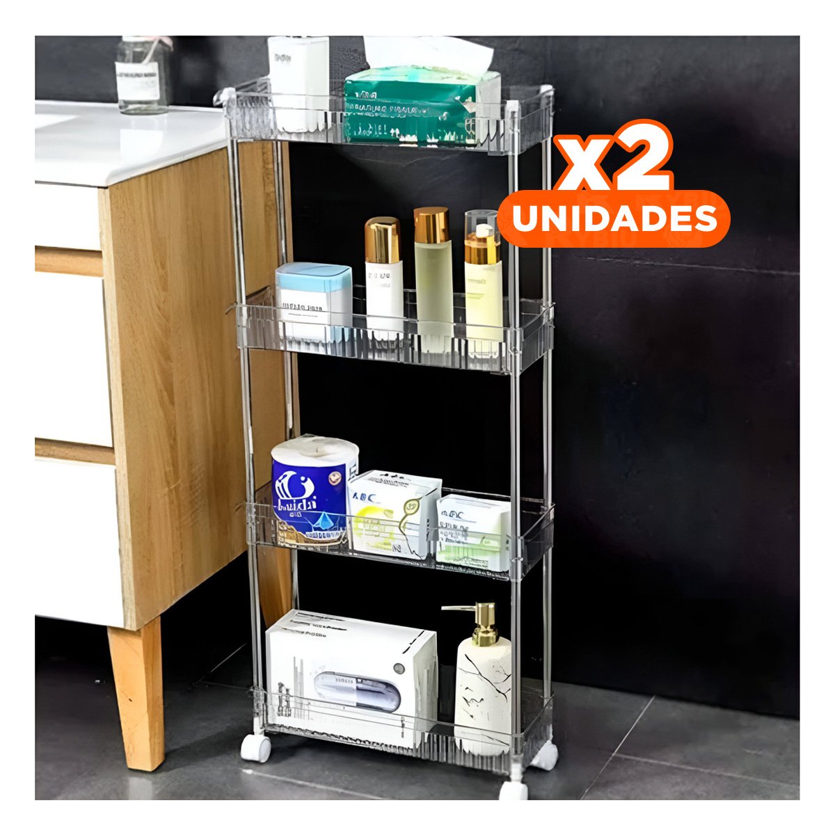 PACK2 ESTANTE LATERAL 4 NIVELES CON 4 RUEDAS DISENO FUNCIONAL ACRILICO - 1