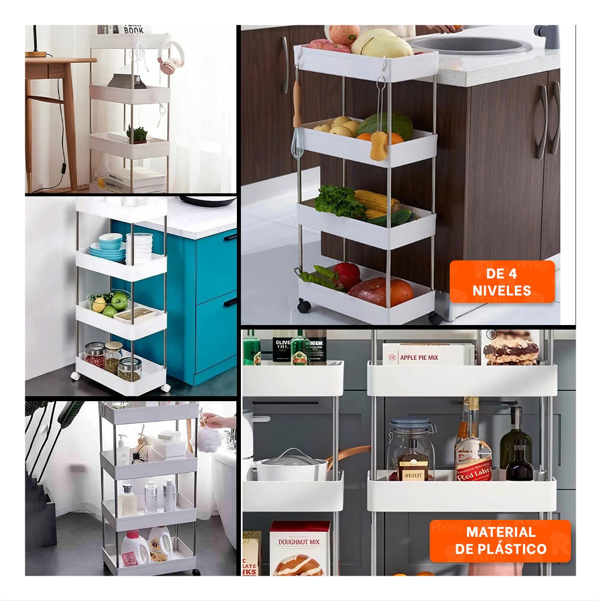 PACK4 ORGANIZADOR LATERAL DE 4 NIVELES CON 4 RUEDAS BLANCO PLASTICO RESISTENTE Y+REGALO STICKER - 2