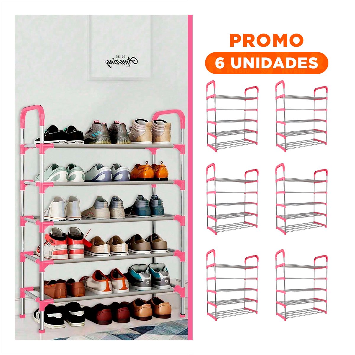 PACK6 PORTA ZAPATOS VERTICAL 5 NIVELES COMODO Y FACIL DE USAR Y LIGERO ROSADO Y+REGALO STICKER - 1