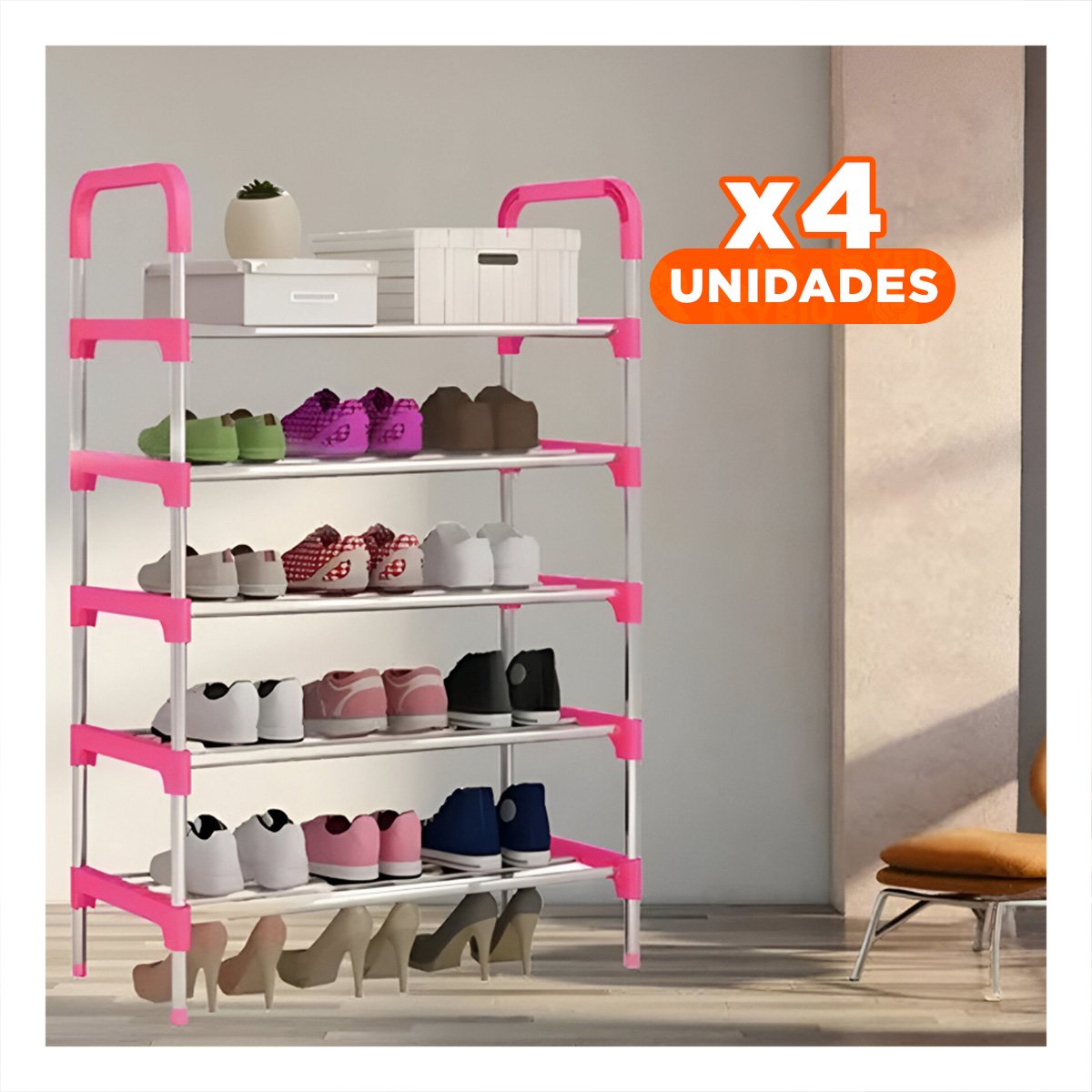 PACK4 PORTA ZAPATOS VERTICAL 5 NIVELES LIGERO Y PRACTICO Y COMODO ROSADO Y+REGALO STICKER - 1