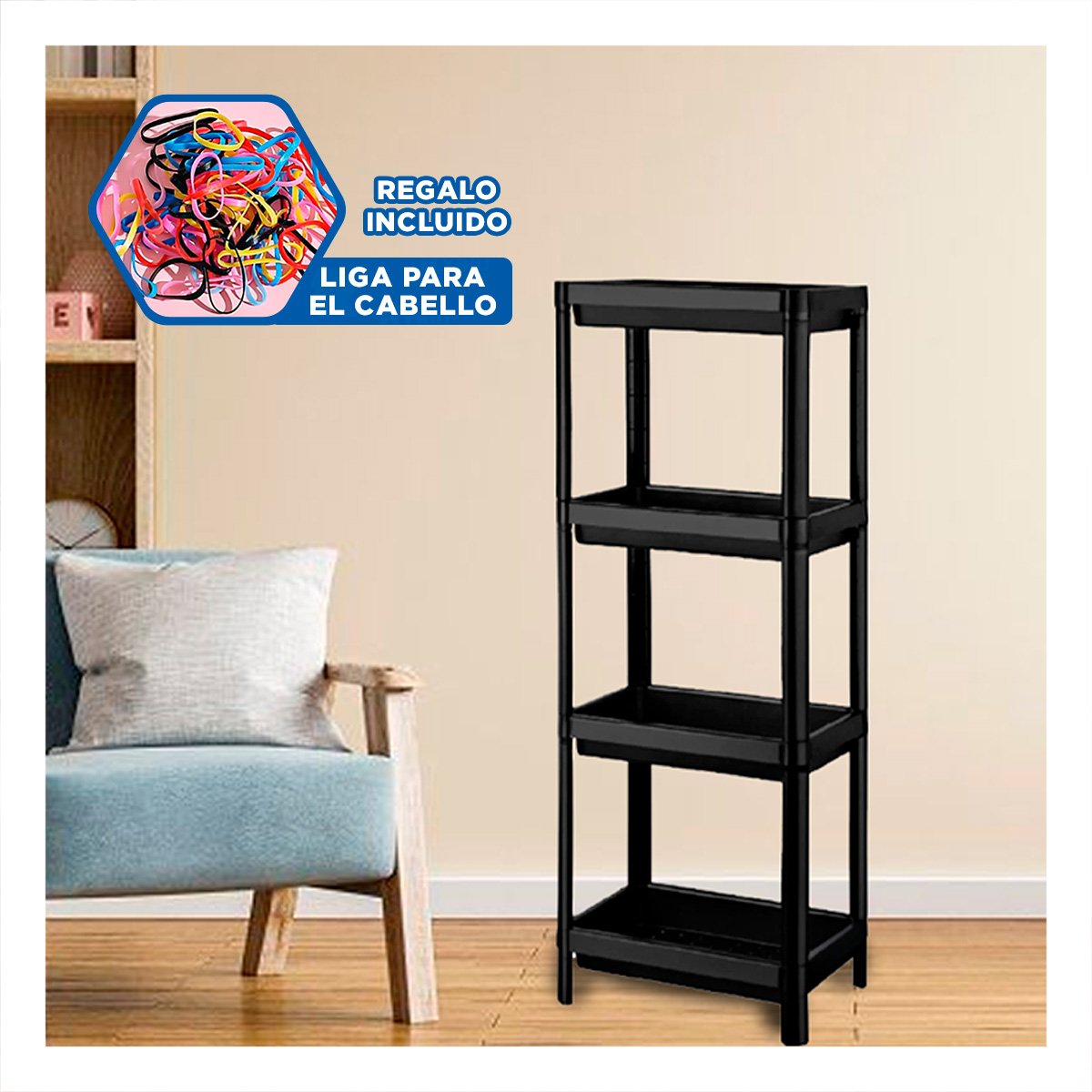 ESTANTE DE ALMACENAMIENTO 4 NIVELES DE COLOR NEGRO PARA LA UTILIDAD DE HIJOS Y+LIGAS REGALO - 2
