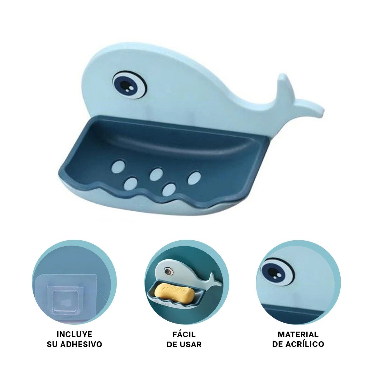 JABONERA ESTILO BALLENA CELESTE RESISTENTE PARA USO DIARIO EN HOGAR Y+POST IT - 5