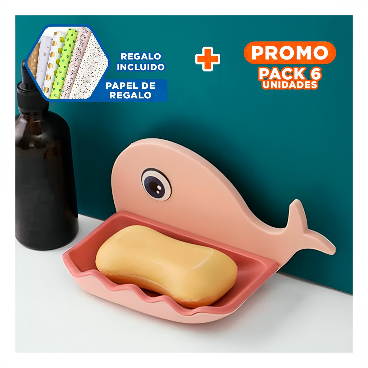 PACK6 RECIPIENTE BALLENA PORTA JABON COMPACTO FUNCIONAL USO DIARIO ROSADO - 1