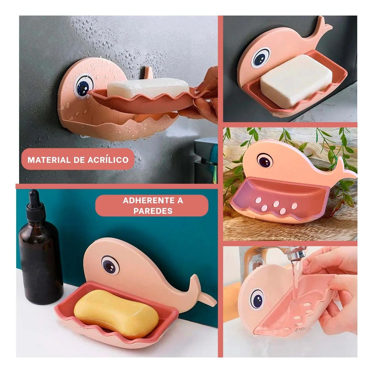 PACK4 RECIPIENTE BALLENA PORTA JABON PLASTICO PRACTICO PARA COCINA ROSADO Y+REGALO STICKER - 2