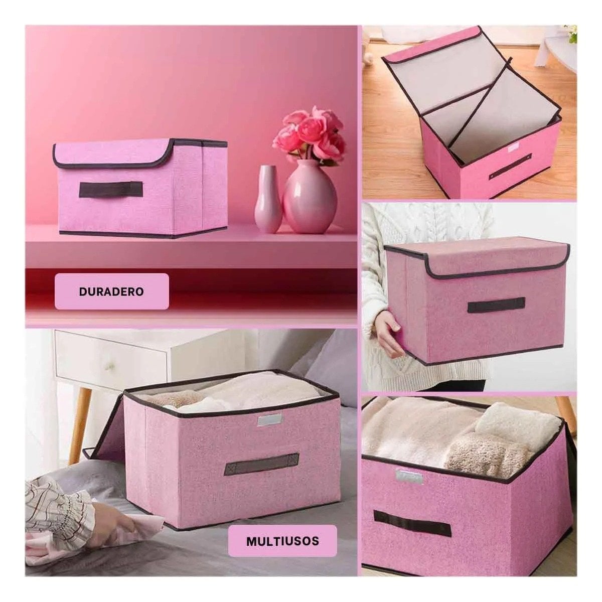 PACK2 CAJA FLEXIBLE TELA ROSADO 36X24X23CM PARA GUARDAR OBJETOS EN CASA Y+PAPEL REGALO - 3