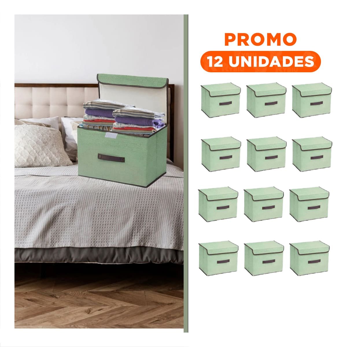 PACK12 UNIDAD DE GUARDADO TELA VERDE 36X24X23CM PARA USO DIARIO EN CASA - 1