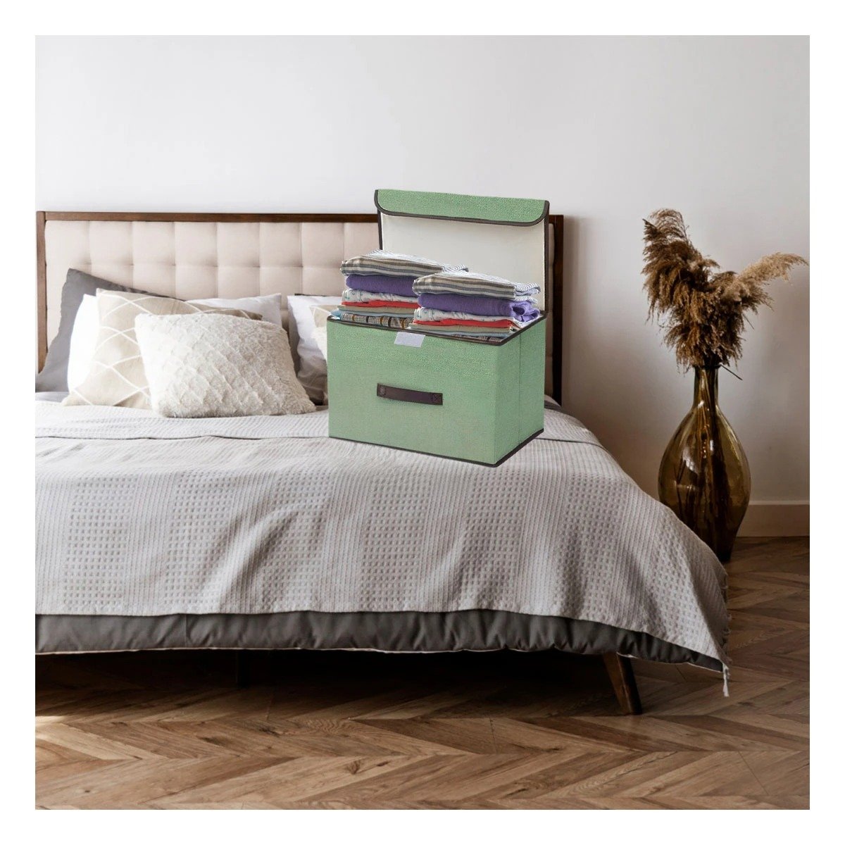 CAJA PLEGABLE DE TELA VERDE 36X24X23CM PARA GUARDADO PRACTICO EN CASA Y+PAPEL REGALO - 1