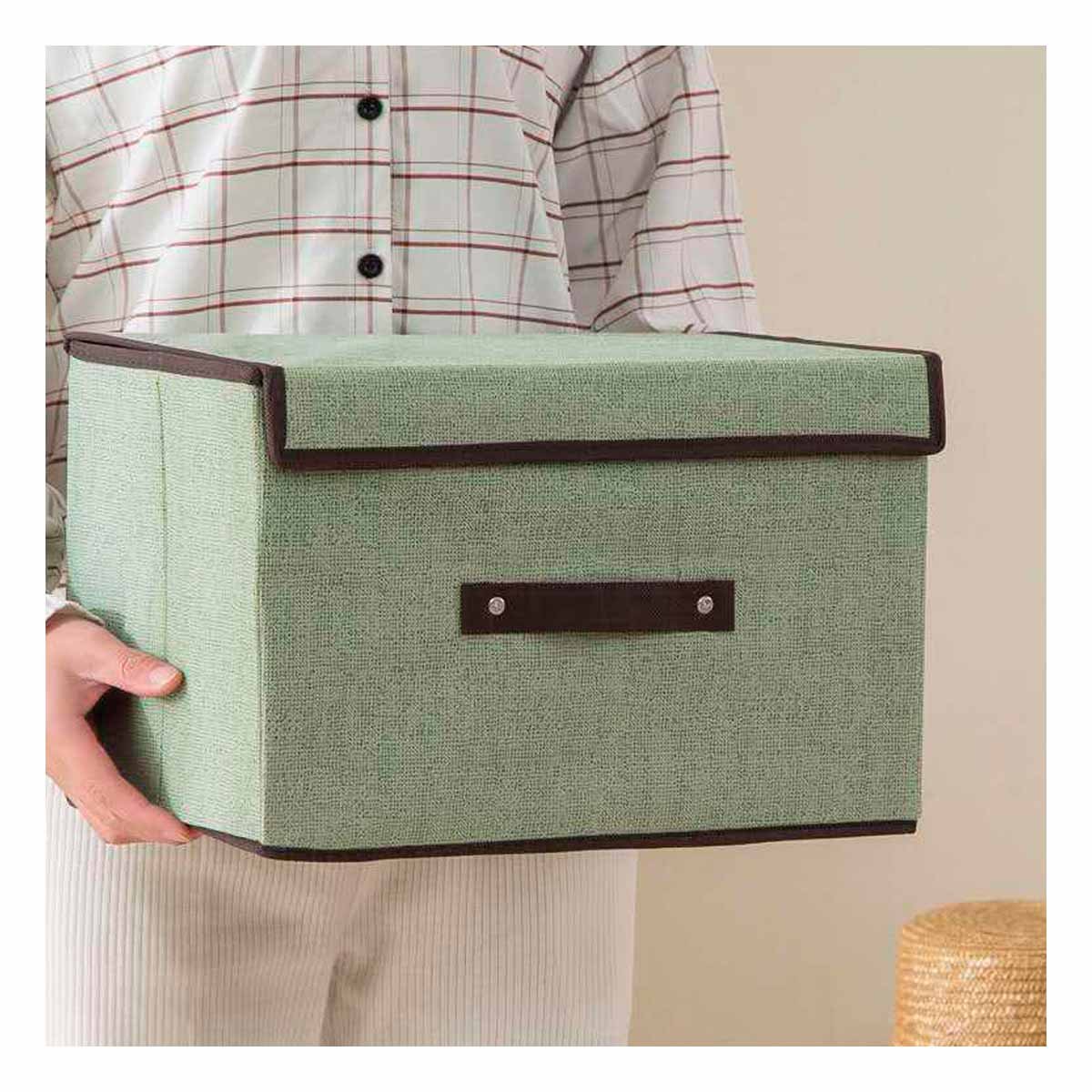 CAJA PLEGABLE DE TELA VERDE 36X24X23CM PARA GUARDADO PRACTICO EN CASA Y+PAPEL REGALO - 2
