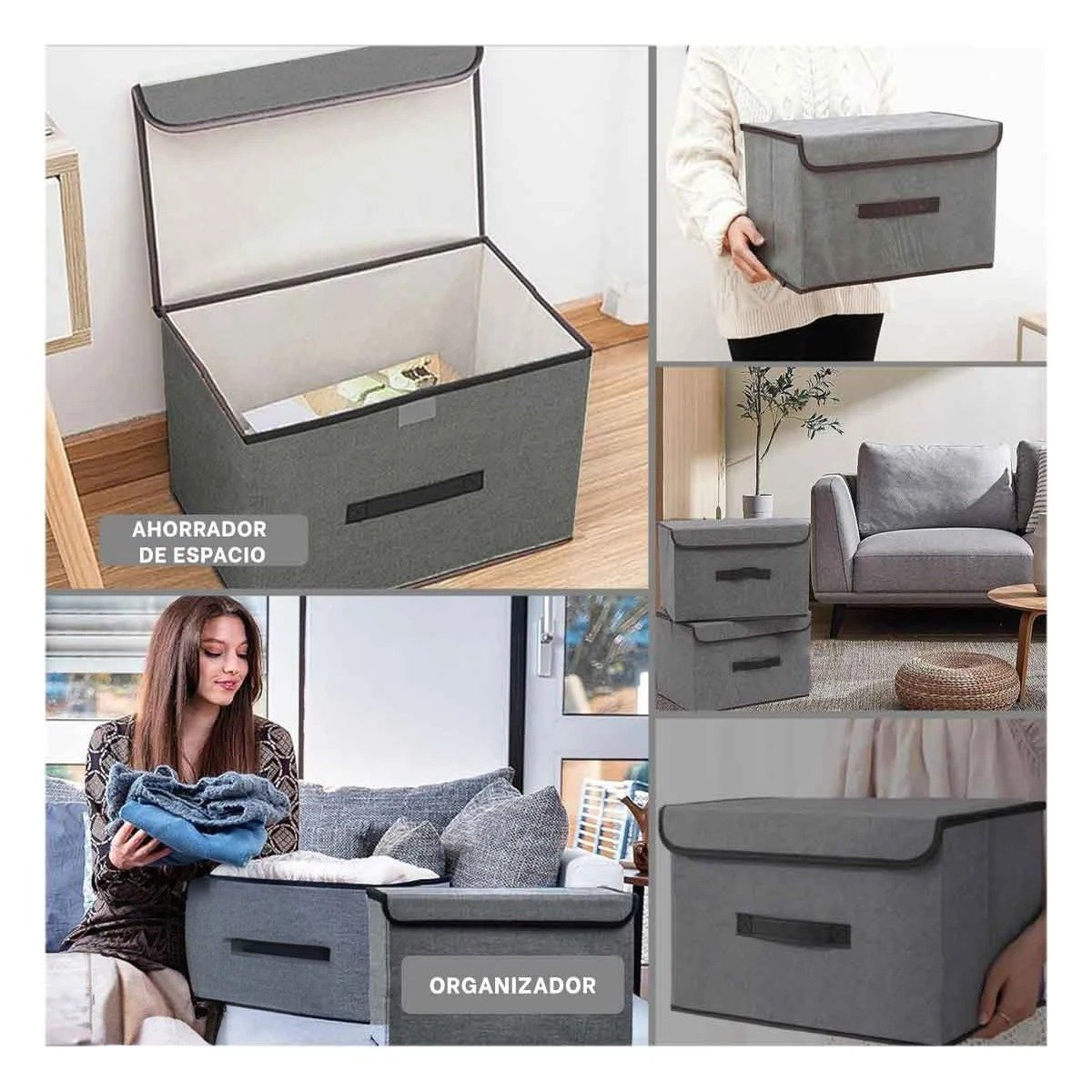 CAJA PLEGABLE DE TELA PLOMO 36X24X23CM PARA GUARDADO PRACTICO EN CASA Y+PAPEL REGALO - 3