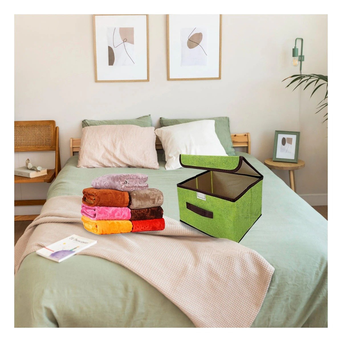 PACK12 CANASTA DE TELA VERDE 25X19X16CM PARA ORDEN DIARIO EN HOGAR Y+PAPEL REGALO - 2