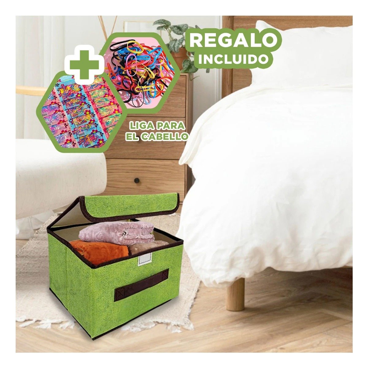 CAJA TEXTIL VERDE 25X19X16CM PARA ORGANIZAR ROPA Y ACCESORIOS Y+LIGAS REGALO - 2