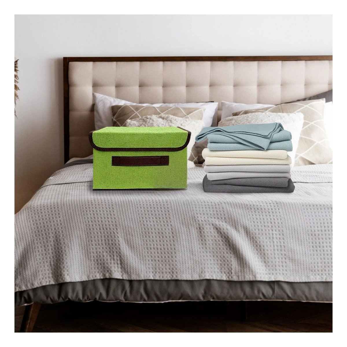 CAJA TEXTIL VERDE 25X19X16CM PARA ORGANIZAR ROPA Y ACCESORIOS Y+LIGAS REGALO - 3