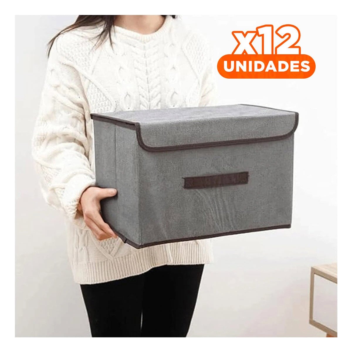 PACK12 CANASTA PLEGABLE TELA PLOMO 25X19X16CM PARA GUARDADO PRACTICO Y+REGALO STICKER - 1