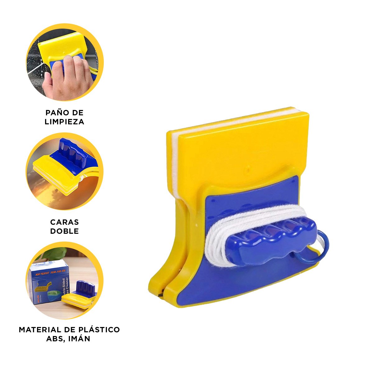 LIMPIADOR VIDRIOS MAGNETICO CUADRADO AZUL AMARILLO PARA CASA Y USO DIARIO Y+PAPEL REGALO - 5