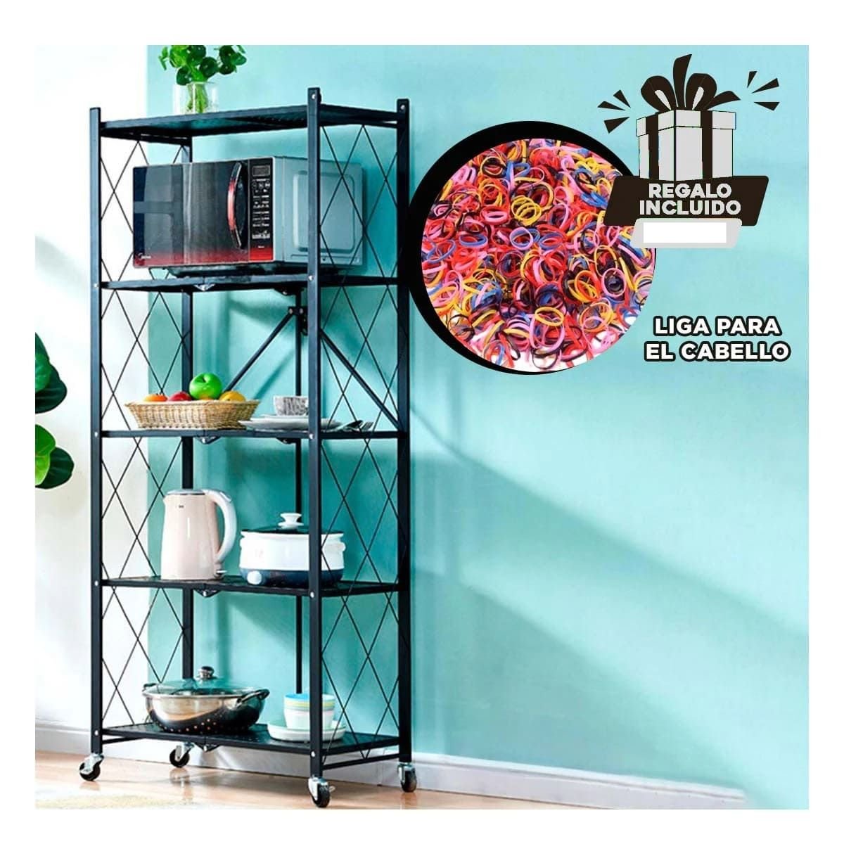 ORGANIZADOR PLEGABLE METAL 5 NIVELES NEGRO PARA HOGAR RESISTENTE Y PRACTICO Y+LIGAS REGALO - 2