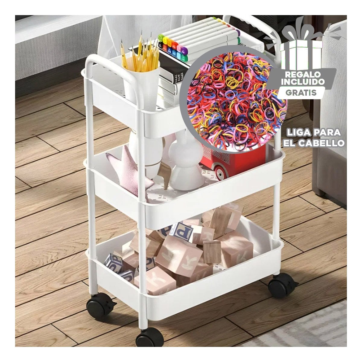 MUEBLE AUXILIAR 3 NIVELES CON RUEDAS Y ASAS EN PLASTICO BLANCO PARA COCINA Y+LIGAS REGALO - 2