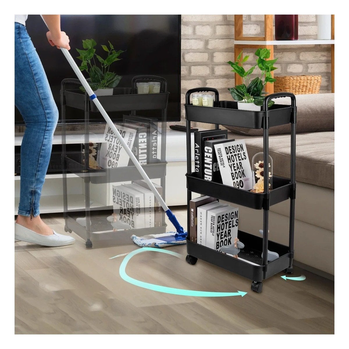PACK4 ANAQUEL FUNCIONAL 3 NIVELES CON RUEDAS Y ASAS PARA HOGAR PLASTICO NEGRO Y+PAPEL REGALO - 5