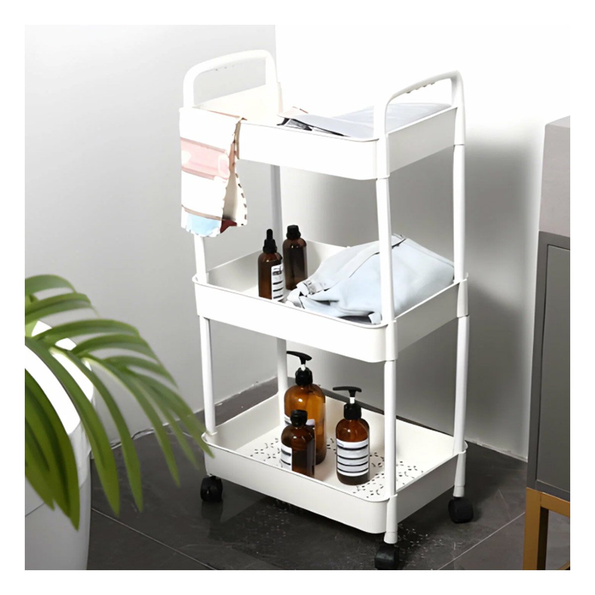 CARRITO ORGANIZADOR 3 NIVELES CON RUEDAS Y ASAS PLASTICO BLANCO PARA HOGAR - 1