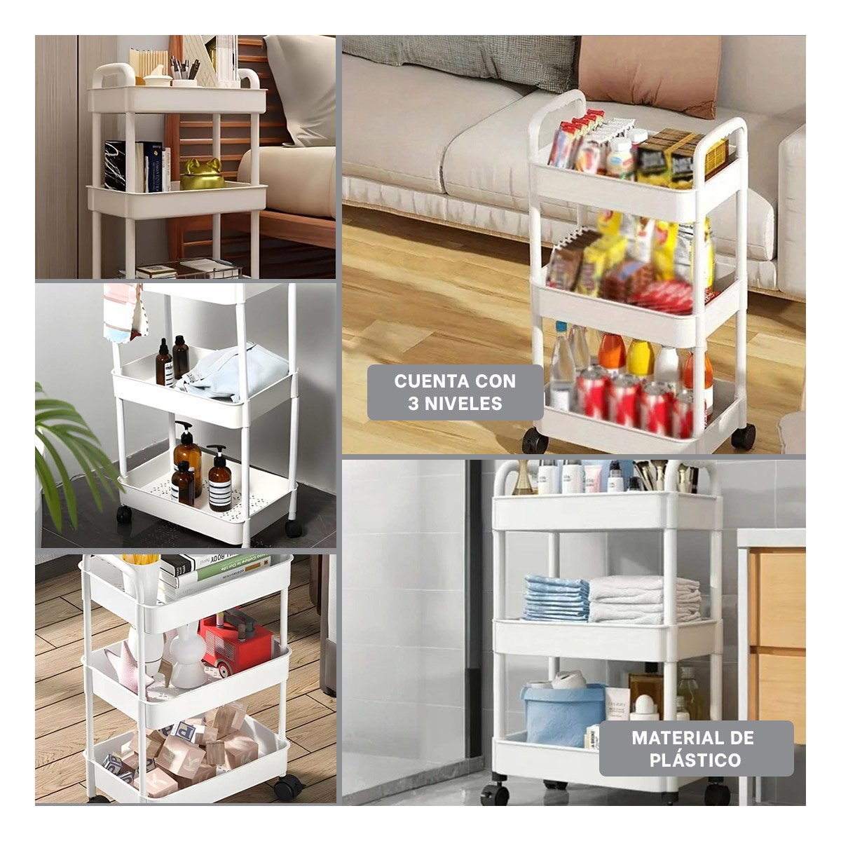 CARRITO ORGANIZADOR 3 NIVELES CON RUEDAS Y ASAS PLASTICO BLANCO PARA HOGAR - 2