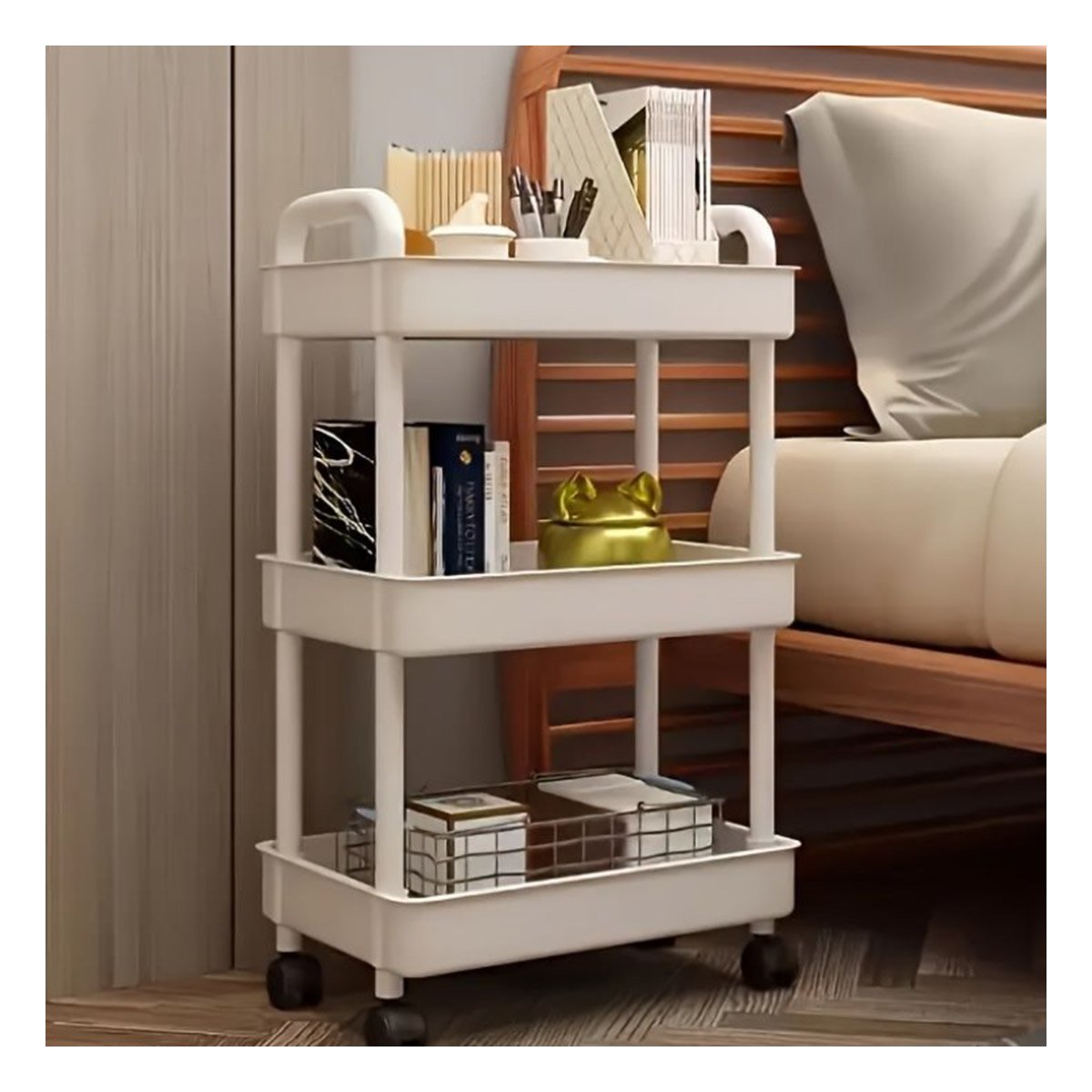 CARRITO ORGANIZADOR 3 NIVELES CON RUEDAS Y ASAS PLASTICO BLANCO PARA HOGAR - 5