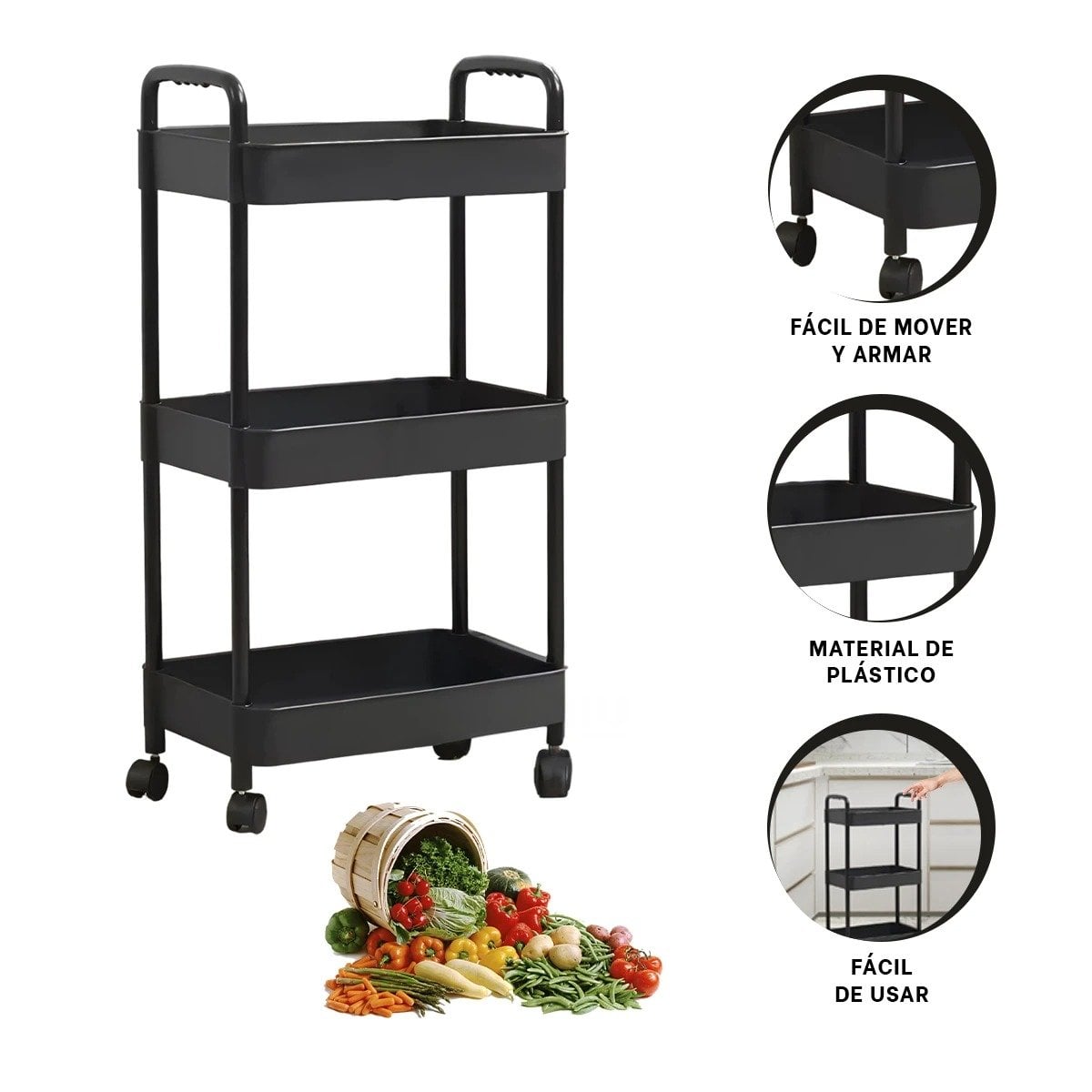 CARRITO ORGANIZADOR 3 NIVELES CON RUEDAS Y ASAS PARA CASA NEGRO Y+POST IT - 5