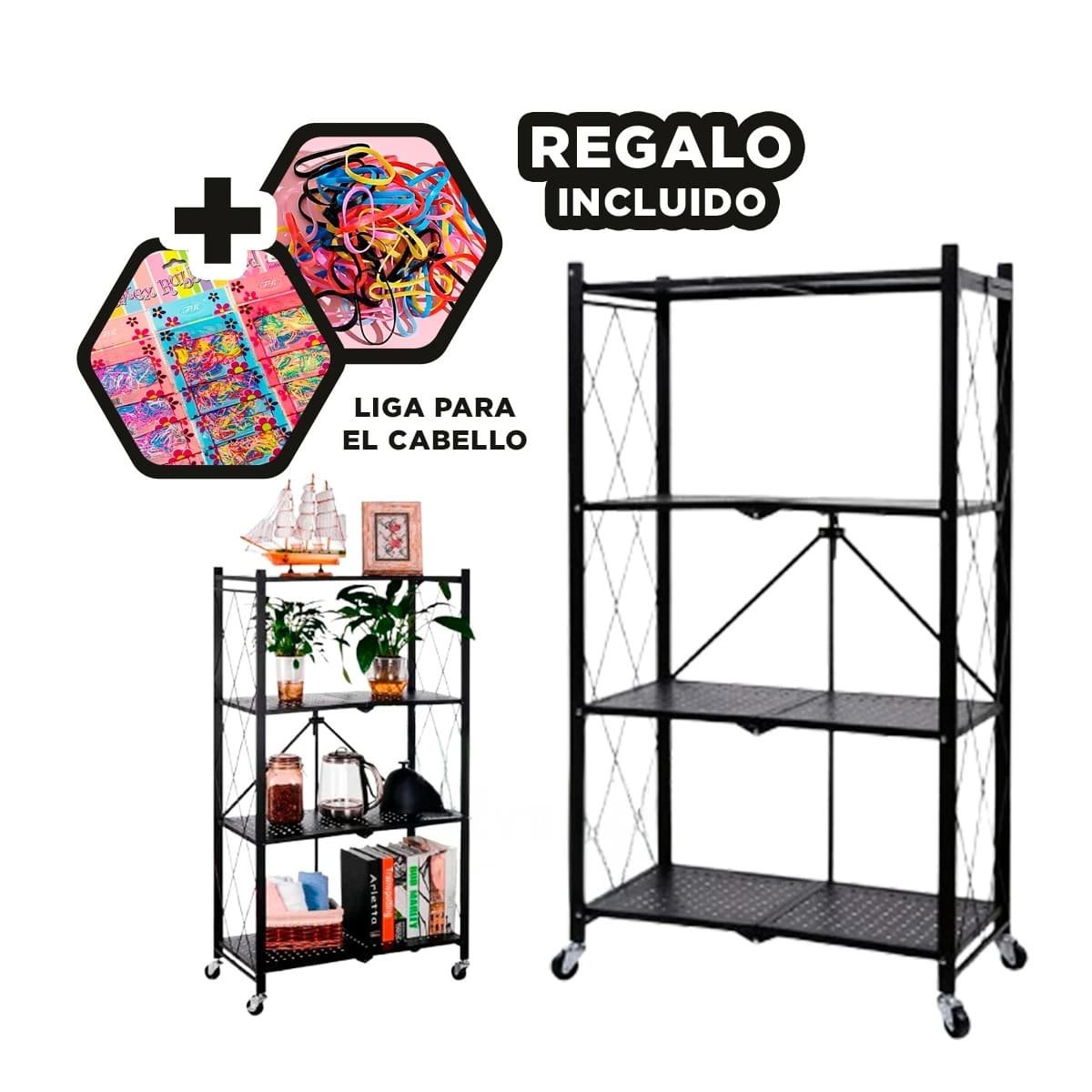 ORGANIZADOR PLEGABLE DE METAL CON 4 NIVELES NEGRO PARA ESPACIOS DEL HOGAR Y+LIGAS REGALO - 2