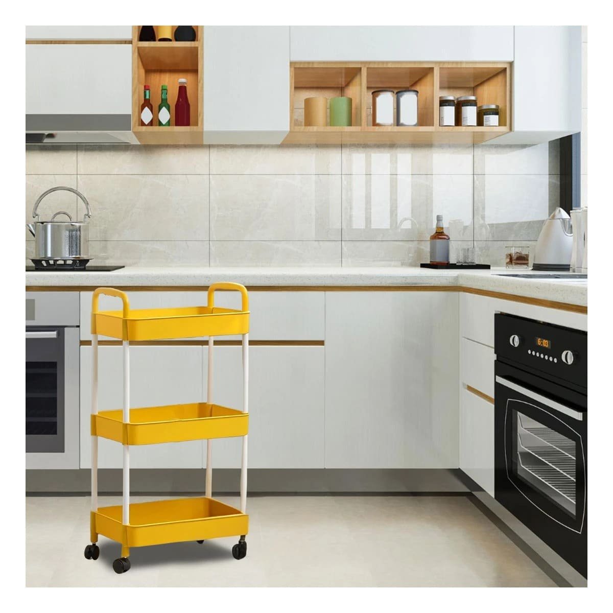 PACK6 CARRO AUXILIAR DE COCINA 3 NIVELES CON RUEDAS AMARILLO PARA GUARDADO Y+REGALO STICKER - 5