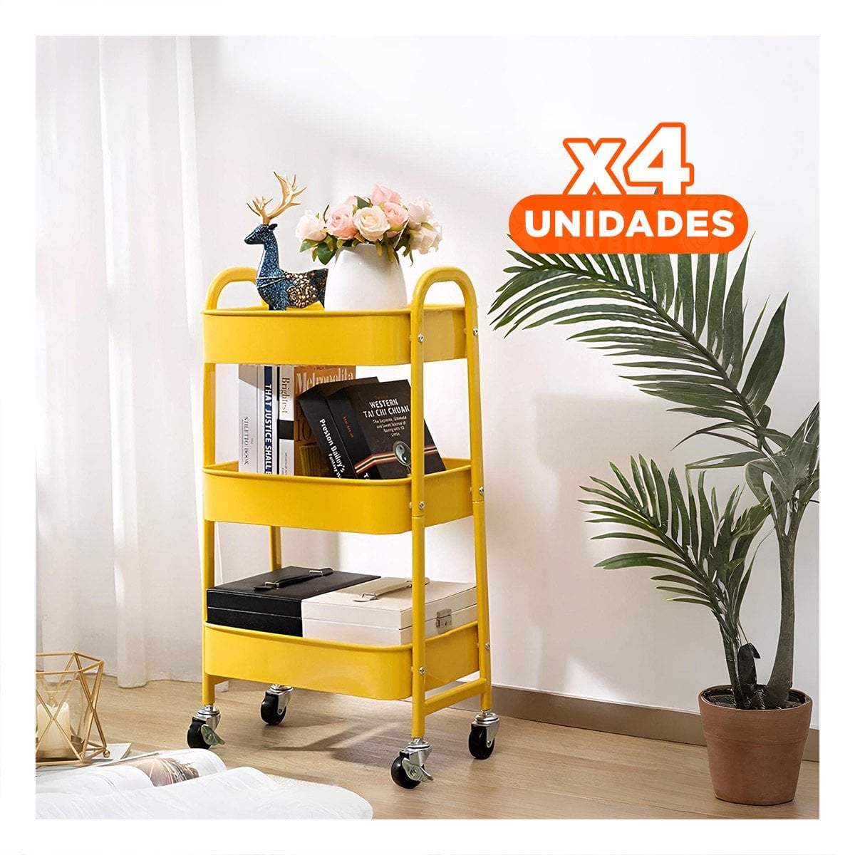 PACK4 BASE DE COCINA 3 NIVELES CON RUEDAS AMARILLO PARA ALMACENAMIENTO MOVIL Y+REGALO STICKER - 1
