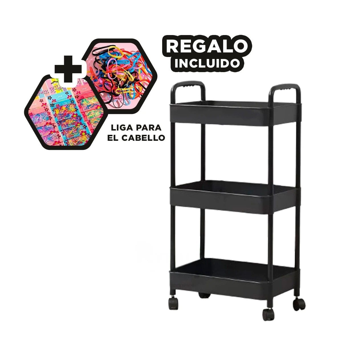 MUEBLE AUXILIAR 3 NIVELES CON RUEDAS Y ASAS PARA HOGAR PLASTICO NEGRO Y+LIGAS REGALO - 2