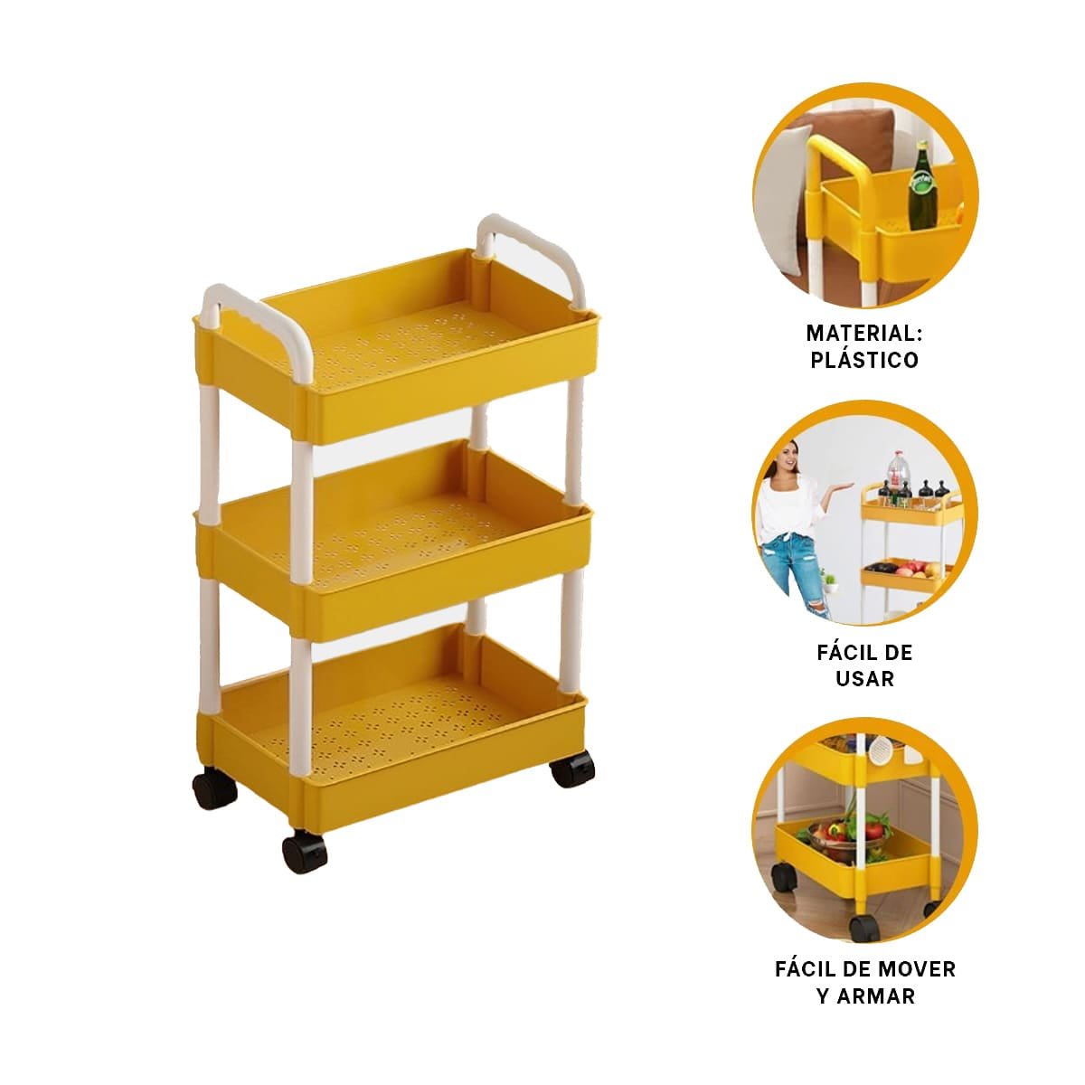ANAQUEL DE COCINA 3 NIVELES CON RUEDAS AMARILLO PARA ORDENAR UTENSILIOS Y+PAPEL REGALO - 5