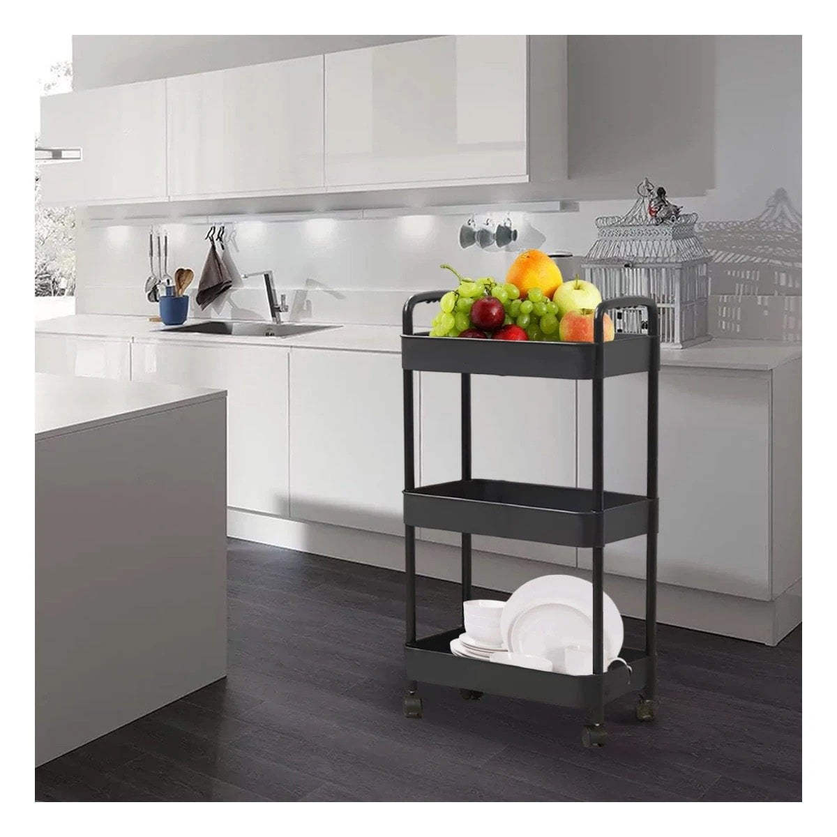 ORGANIZADOR CON RUEDAS 3 NIVELES Y ASAS PARA CASA PLASTICO NEGRO Y+REGALO STICKER - 2