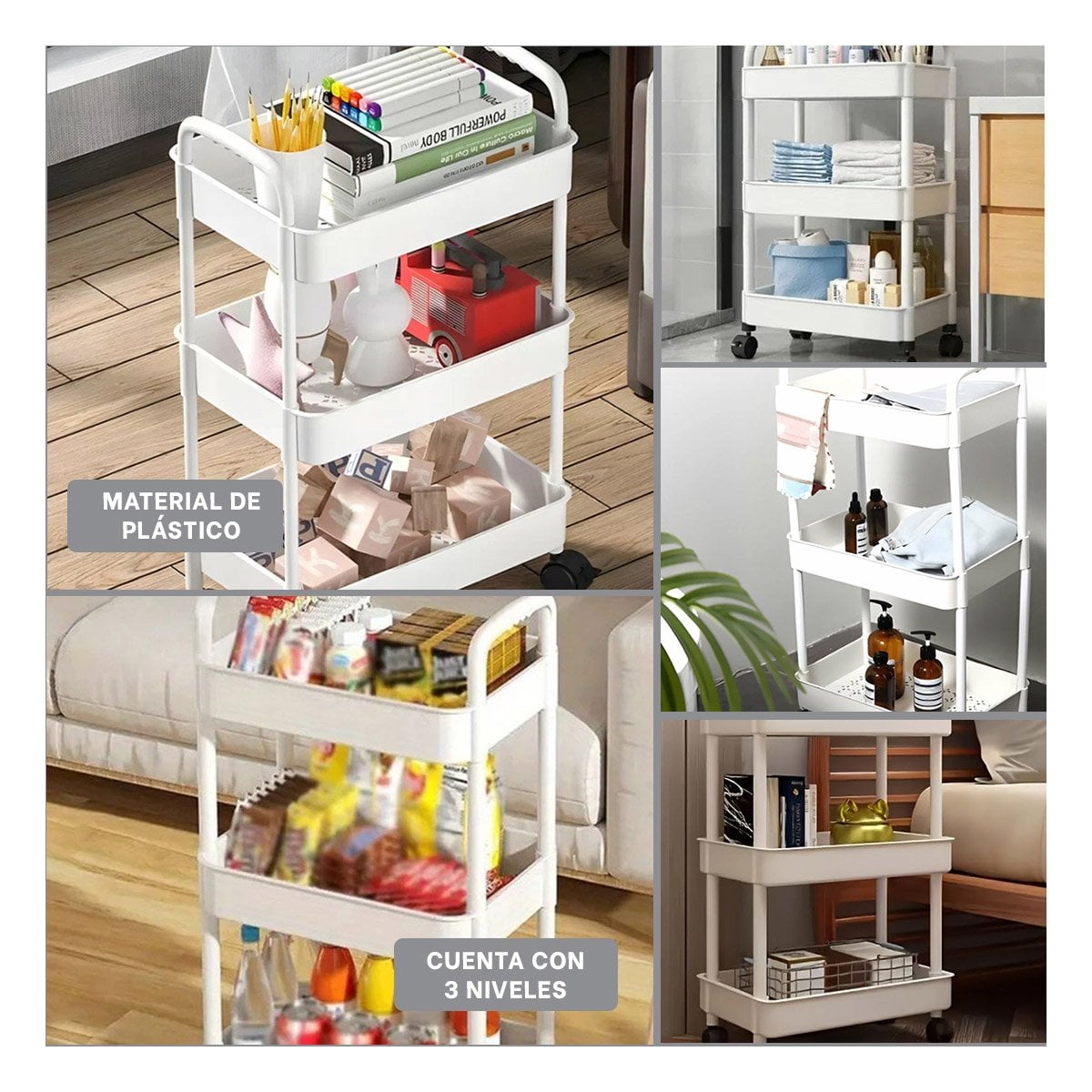 ORGANIZADOR MOVIL 3 NIVELES CON RUEDAS Y ASAS EN PLASTICO BLANCO HOGAR Y+PAPEL REGALO - 3
