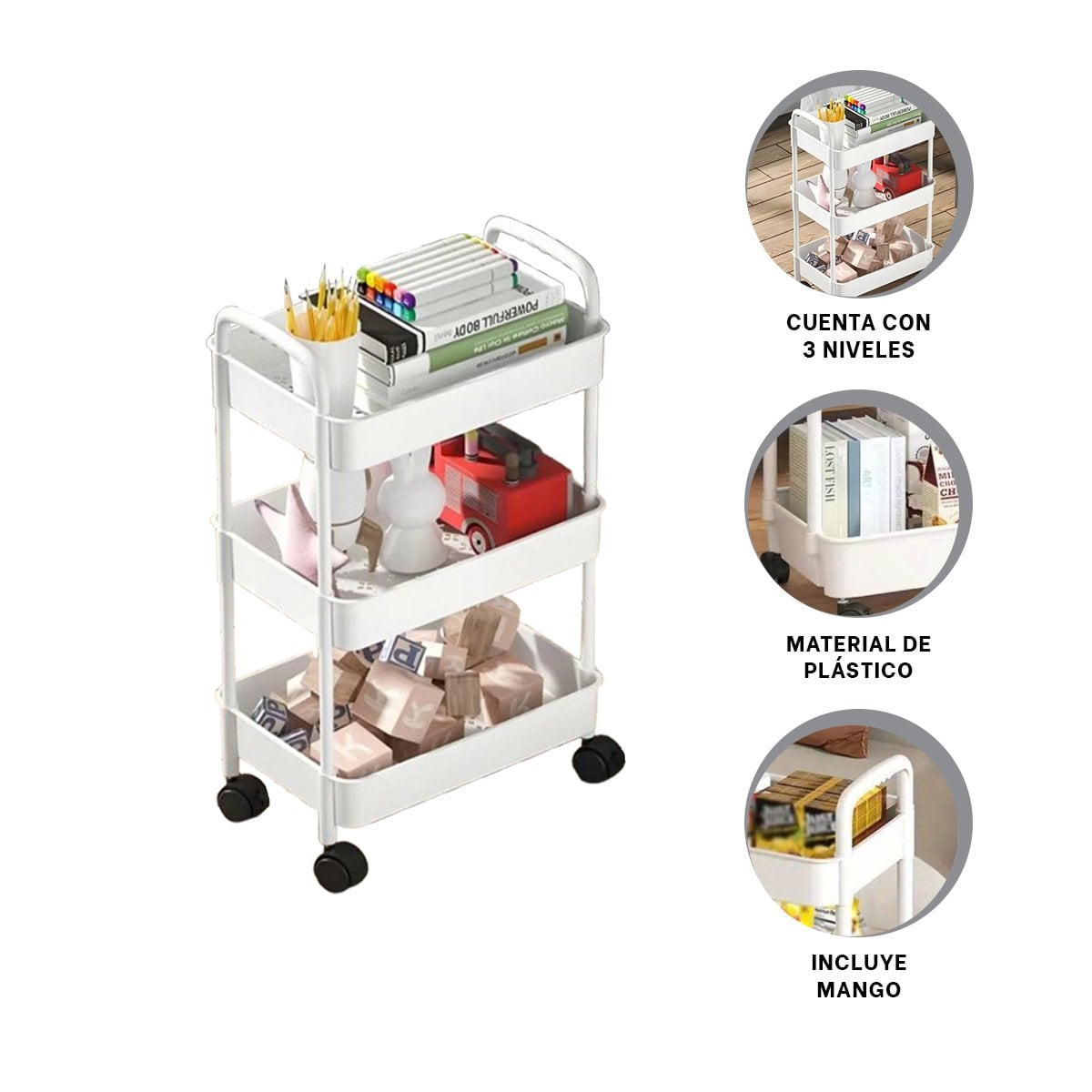 ORGANIZADOR MOVIL 3 NIVELES CON RUEDAS Y ASAS EN PLASTICO BLANCO HOGAR Y+PAPEL REGALO - 5